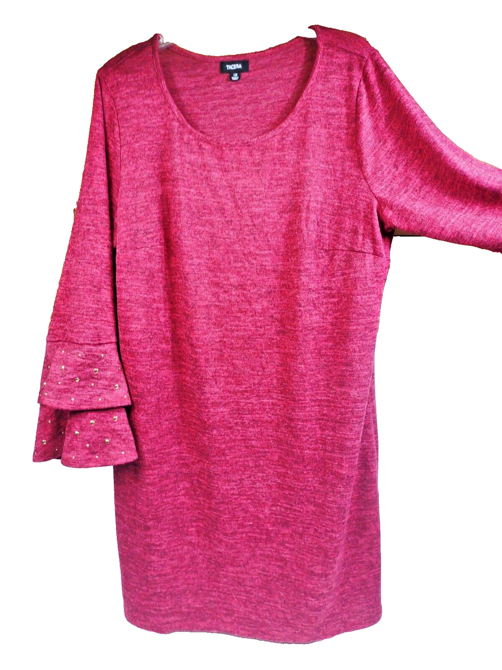 Tacera Women’s Midi Dress Bell Sleeves Gold Beads Plus Size 1X Red Wine